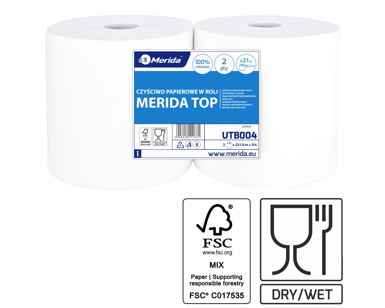 MERIDA TOP - industrial towels, white, 2 -ply, 100% cellulose, 231,8 m (2 pcs. / pack.)